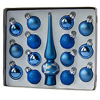 Набор елочных игрушек - мини-шары с мини-верхушкой, 15 шт, D3 см, синий, микс, стекло (390748-4)