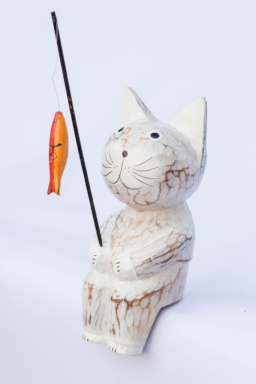 Статуетка рибалка кіт дерев'яний товстун висота 20 см
