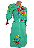 Вышиванка платье женское лен с поясом зеленое Цветы Family Look р.42 - 60