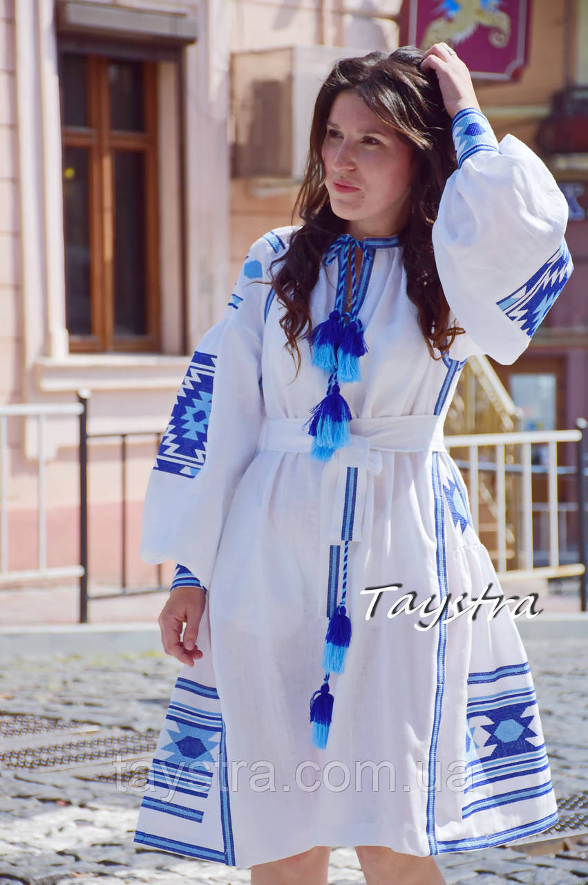 Плаття вишиванка льон, коротке плаття міді, вишите плаття льон, біла сукня вишита, біле плаття вишите
