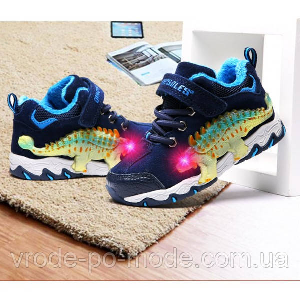 Демісезонні замшеві 3D-луботки «Dinosoles» ANKILOZAVR, для дітей, сині, фото 1