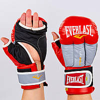 Рукавички гібридні для єдиноборств ММА шкіряні Everlast (р-р 10-12oz, червоний-сірий)