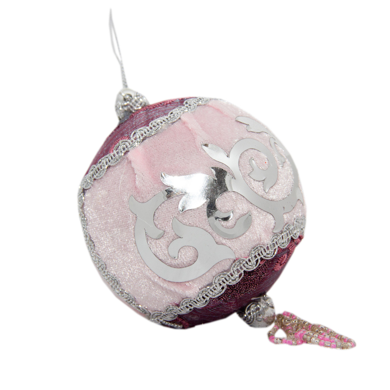 Ялинкова куля з тканини вишита бісером, D10 см, рожевий, текстиль (430253-3), фото 1