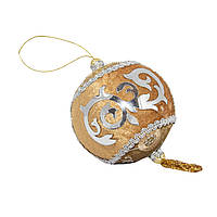 Ялинкова іграшка - куля з тканини вишита бісером, D10 см, золотиста, срібляста, текстиль (430291-4)