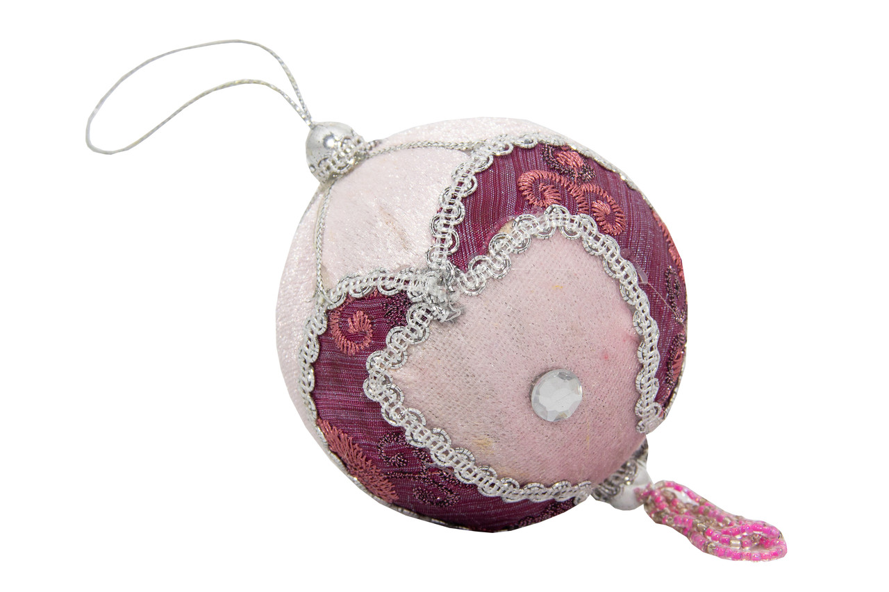 Ялинкова іграшка - куля з тканини вишита бісером, 10 см, рожева, текстиль (430239-1)