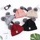 Зимова дитяча шапка з помпончиками бордова, фото 7