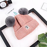 Зимова дитяча шапка з помпончиками бордова, фото 3