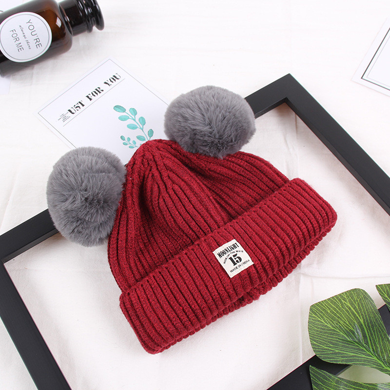 Зимова дитяча шапка з помпончиками бордова, фото 1