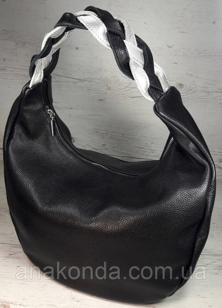 611 Натуральна шкіра Об'ємна сумка жіноча чорна Шкіряна сумка-мішок Чорна шкіряна сумка на плече хобо