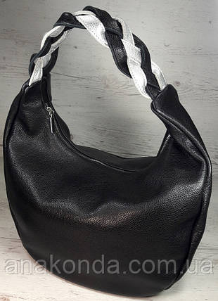 611 Натуральна шкіра Об'ємна сумка жіноча чорна Шкіряна сумка-мішок Чорна шкіряна сумка на плече хобо, фото 1