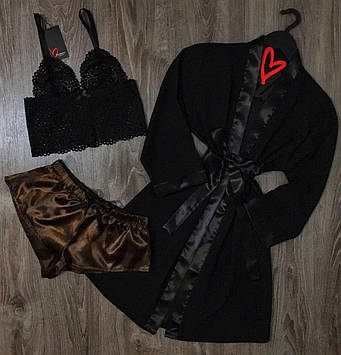 Чорний прозорий халат + піжама атлас шоколад