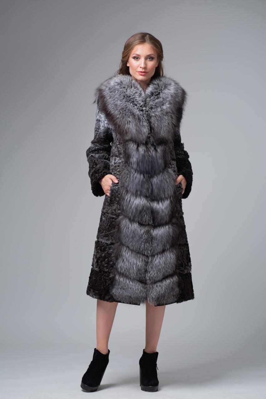 Пальто из меха каракуля с чернобуркой MissLora Графиня сталь - фото 2 - id-p1020802584