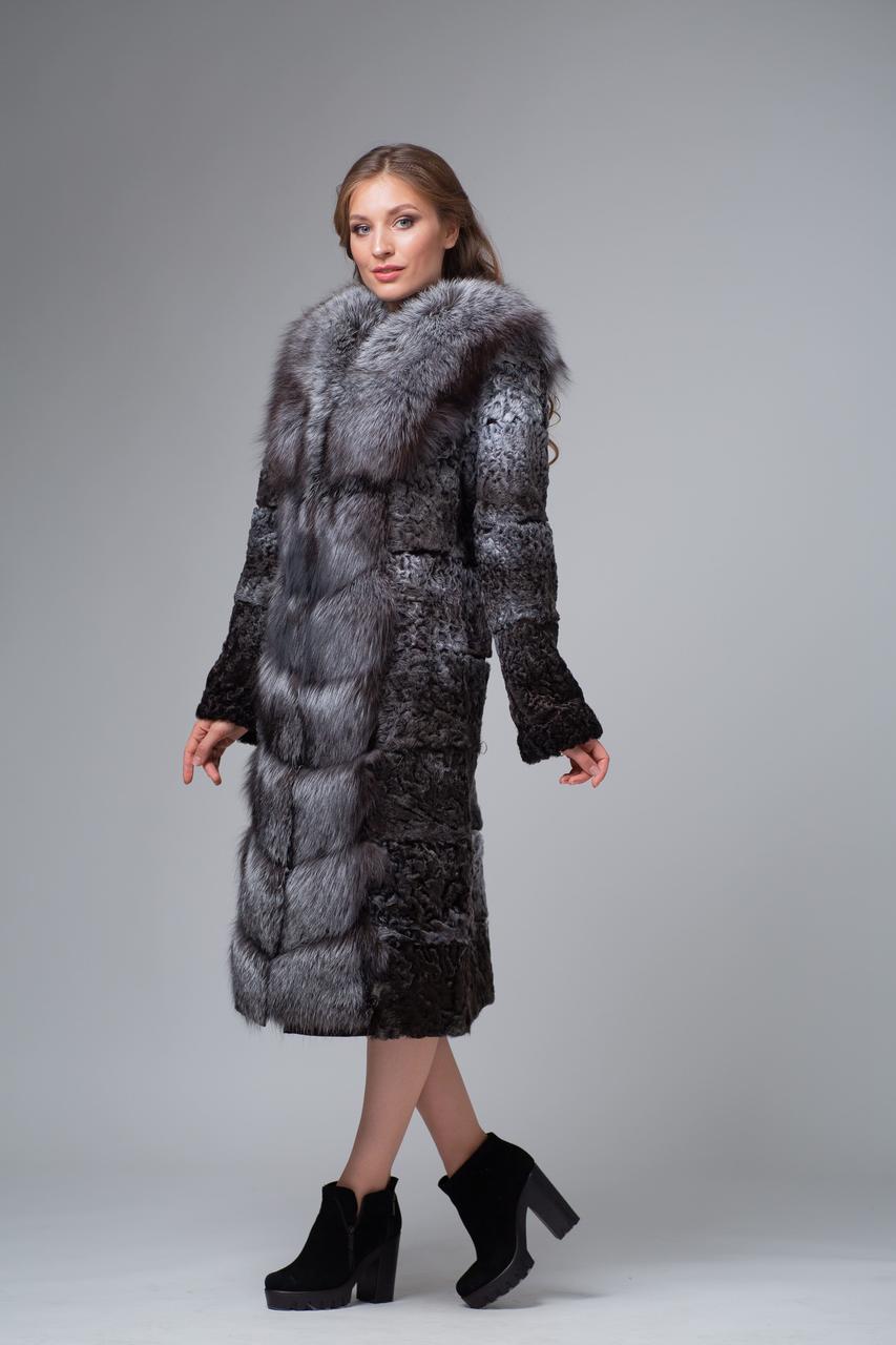 Пальто из меха каракуля с чернобуркой MissLora Графиня сталь - фото 1 - id-p1020802584