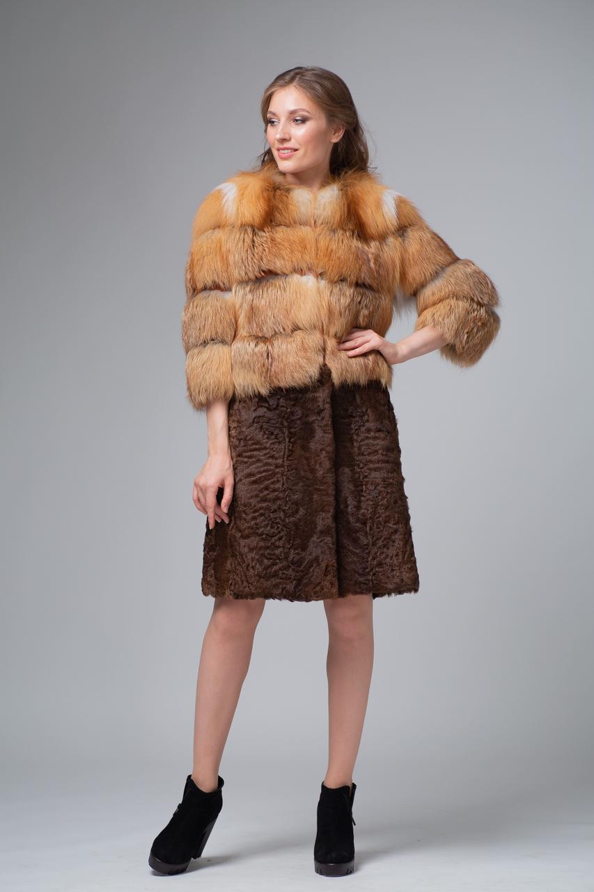 Пальто из меха каракуля с лисой MissLora Юлианна коричневый - фото 1 - id-p1020814563