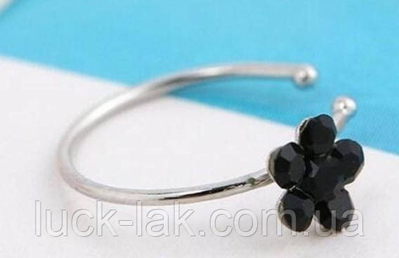 Пірсинг кільце для носа з квіткою зі стразів колір срібло з чорним квіткою, фото 1