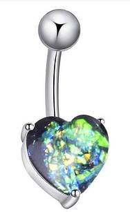Сережки для пірсингу пупка у формі серця з опалом