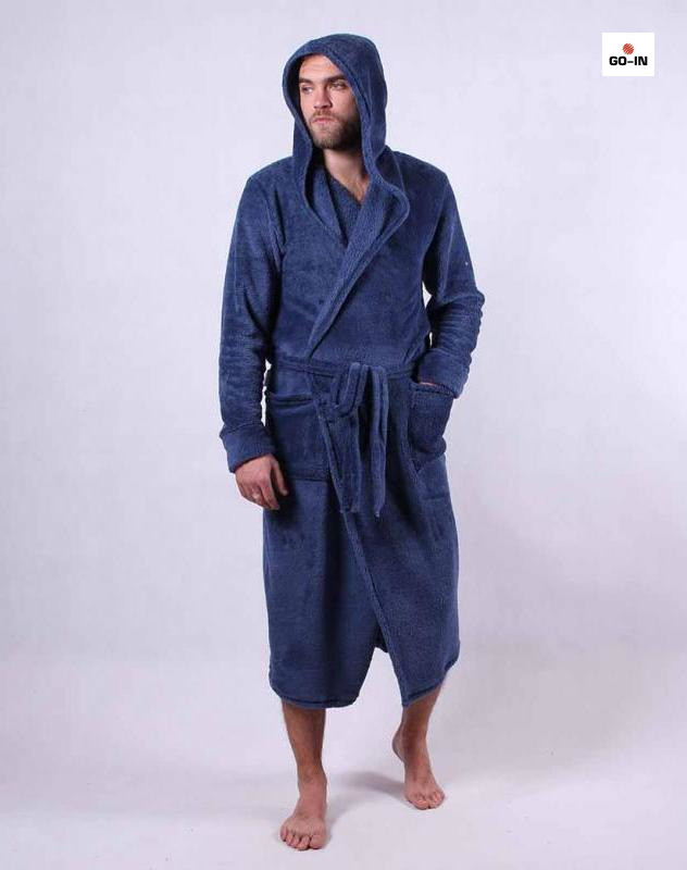 Халат мужской махровый теплый с капюшоном синий