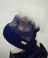 Красива дитяча шапка для дівчинки з величезним натуральним бумбоном TRESTELLE Італія Синій 54 см, фото 5