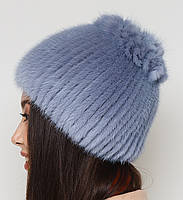 Жіноча хутрова шапка на плетеній основі з норки, Модель "Єва", колір "Сапфір", фото 3