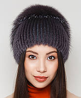 Жіноча хутрова шапка з норки і чорнобурки на плетеній основі, Модель "Крапля", колір "темний-фіолет", фото 4