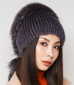 Жіноча хутряна шапка з норки та чорнобурки на в'язаній основі, Модель "Крапля", колір "темний-фіолет"