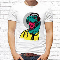 Чоловіча футболка з принтом Динозавр у навушниках M, Білий Push IT