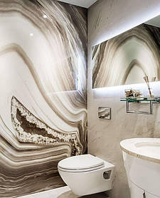 Стеклянное панно для санузла с фотопечатью камня оникса - производство в Днепре 1