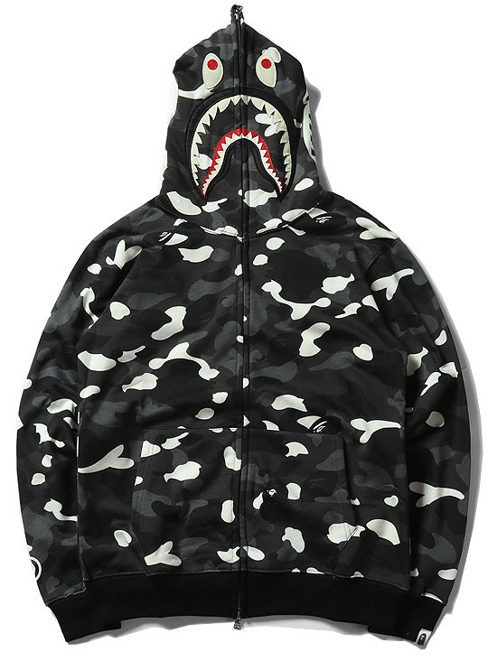 Толстовка Bape A Bathing Ape Shark Black Camo Full Zip Mens Hoodie, фото 1