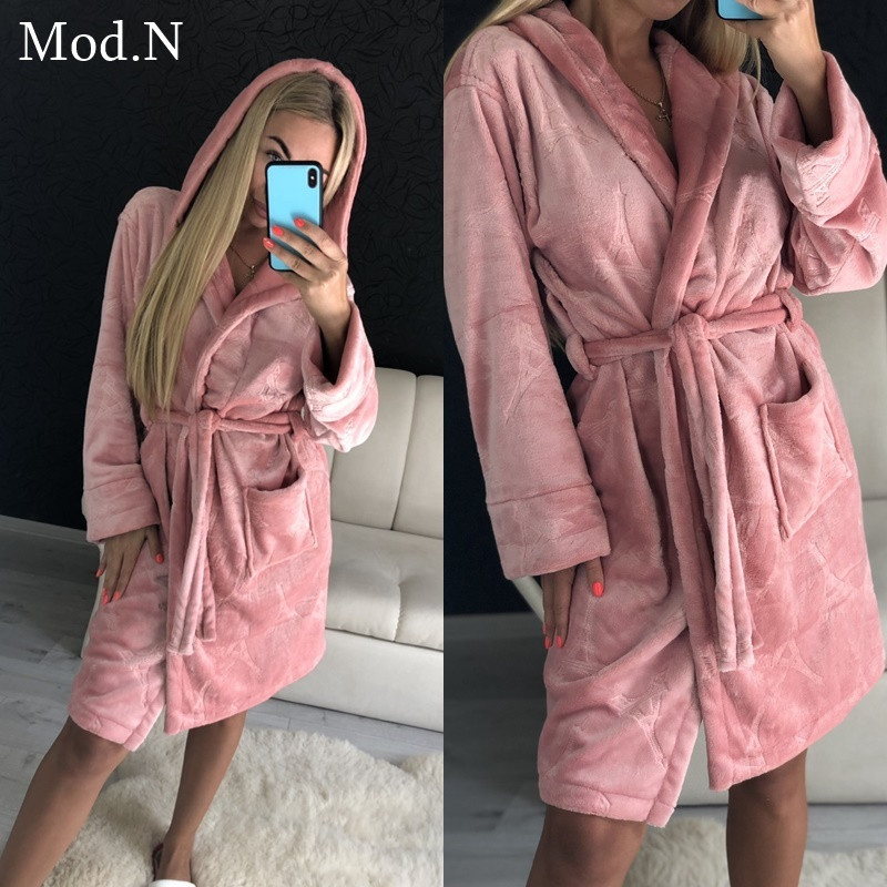 Жіночий м'який плюшевий халат з капюшоном з набивним візерунком (в кольорах), фото 1