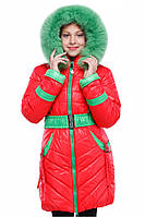 Куртка зимняя Дженни красная с зеленым мехом