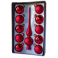 Набор елочных игрушек - шары с верхушкой, 11 шт, D6 см, красный, стекло (390243-3)