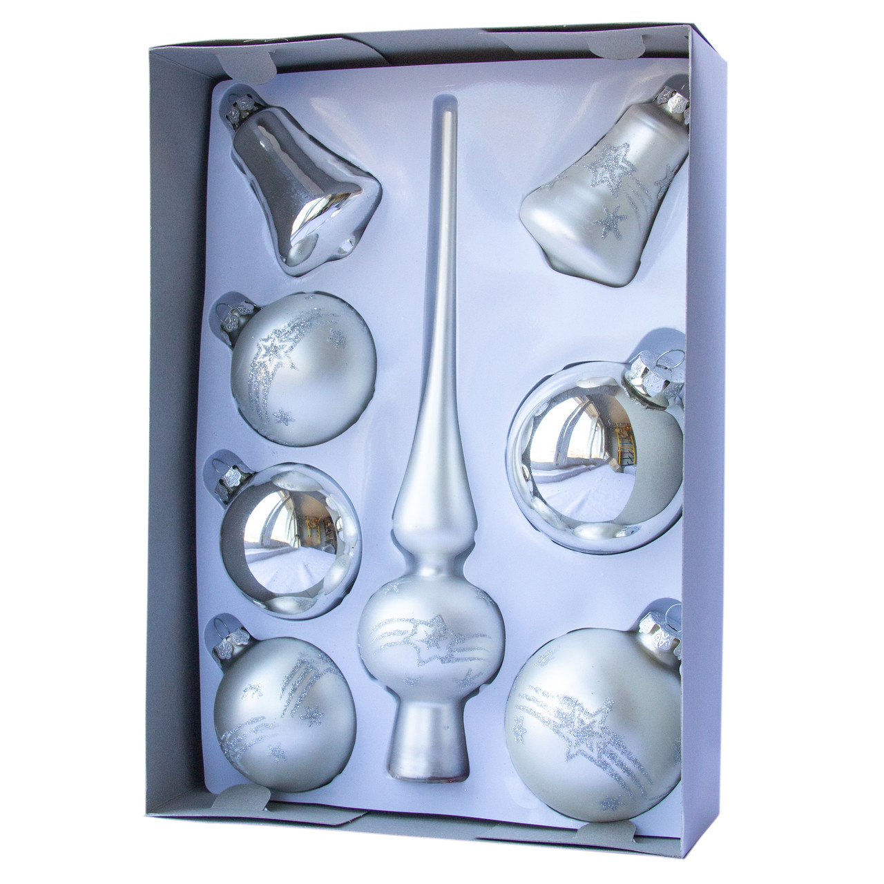 Набір ялинкових іграшок кулі з верхівкою, 8 шт, D6-8 см, сріблястий, в маленькі зірки, скло (390281-2), фото 1