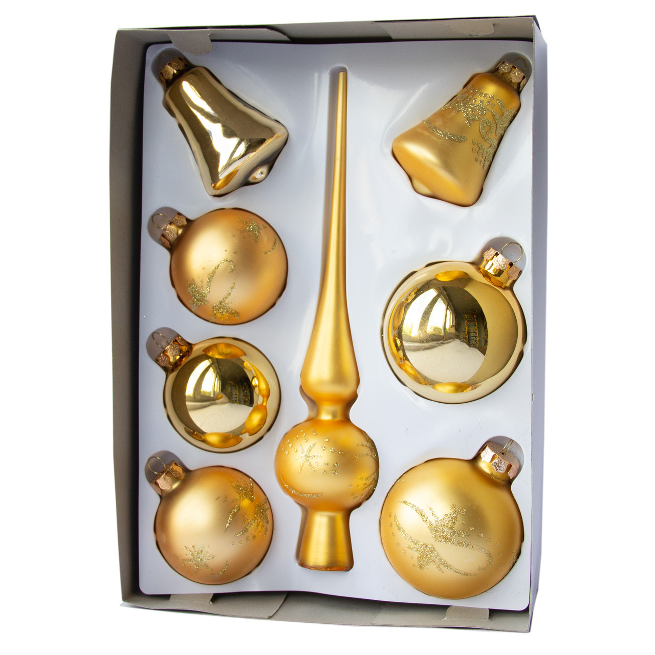 Набір ялинкових іграшок кулі з верхівкою, 8 шт, D6-8 см, золотистий, сніжинки, скло (390281-4), фото 1