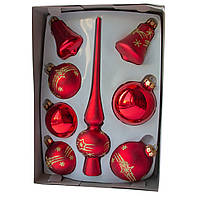 Набор елочных игрушек - шары с верхушкой, 8 шт, D6-8 см, стекло, красный, маленькие звезды (390281-9)
