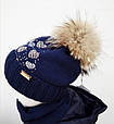 Стильна дитяча шапка для дівчинки з балабаном із єнотаTRESTELLE Італія T18 503G Синій 54-56 см, фото 2