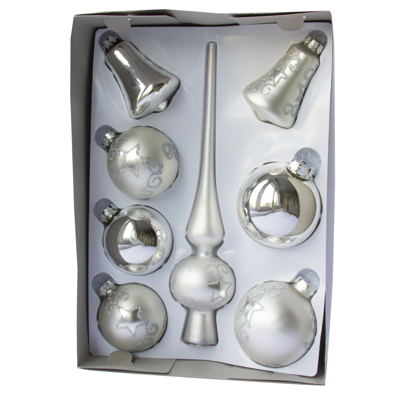 Набір ялинкових іграшок кулі з верхівкою, 8 шт, D6-8 см, сріблястий, в великі зірки, скло (390281-20), фото 1