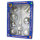 Набір ялинкових іграшок кулі з верхівкою, 8 шт, D6-8 см, сріблястий, в великі зірки, скло (390281-20), фото 2