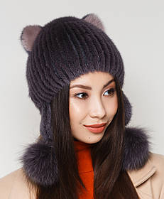 Жіноча хутряна шапка з норки на в'язаній основі, Модель "Киска 2", колір "темний-фіолет"