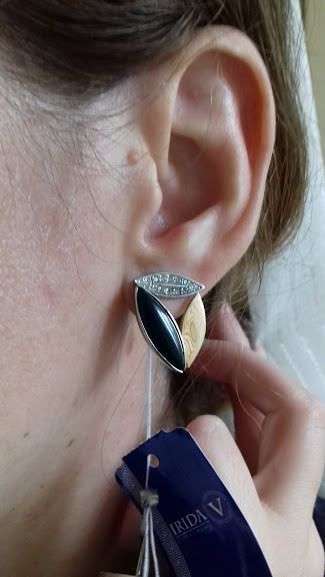 Срібні сережки із золотою пластиною й оніксом "Билона", фото 1