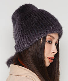 Жіноча хутряна шапка норкова на трикотажній основі, Модель "Кубанка-хвост", колір "темний-фіолет"