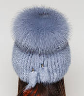 Жіноча хутряна шапка норкова на в'язаній основі, Модель "Малібу", колір "сапфір", фото 2