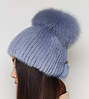 Жіноча хутряна шапка норкова на в'язаній основі, Модель "Малібу", колір "сапфір", фото 3