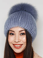 Жіноча хутряна шапка норкова на в'язаній основі, Модель "Малібу", колір "сапфір", фото 4