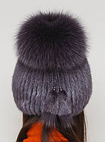 Жіноча хутряна шапка норкова на трикотажній основі, Модель "Малібу", колір "темний-фіолет", фото 3