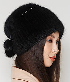 Жіноча хутряна шапка з одатри на трикотажній основі, Модель "Марта", колір "чорний"