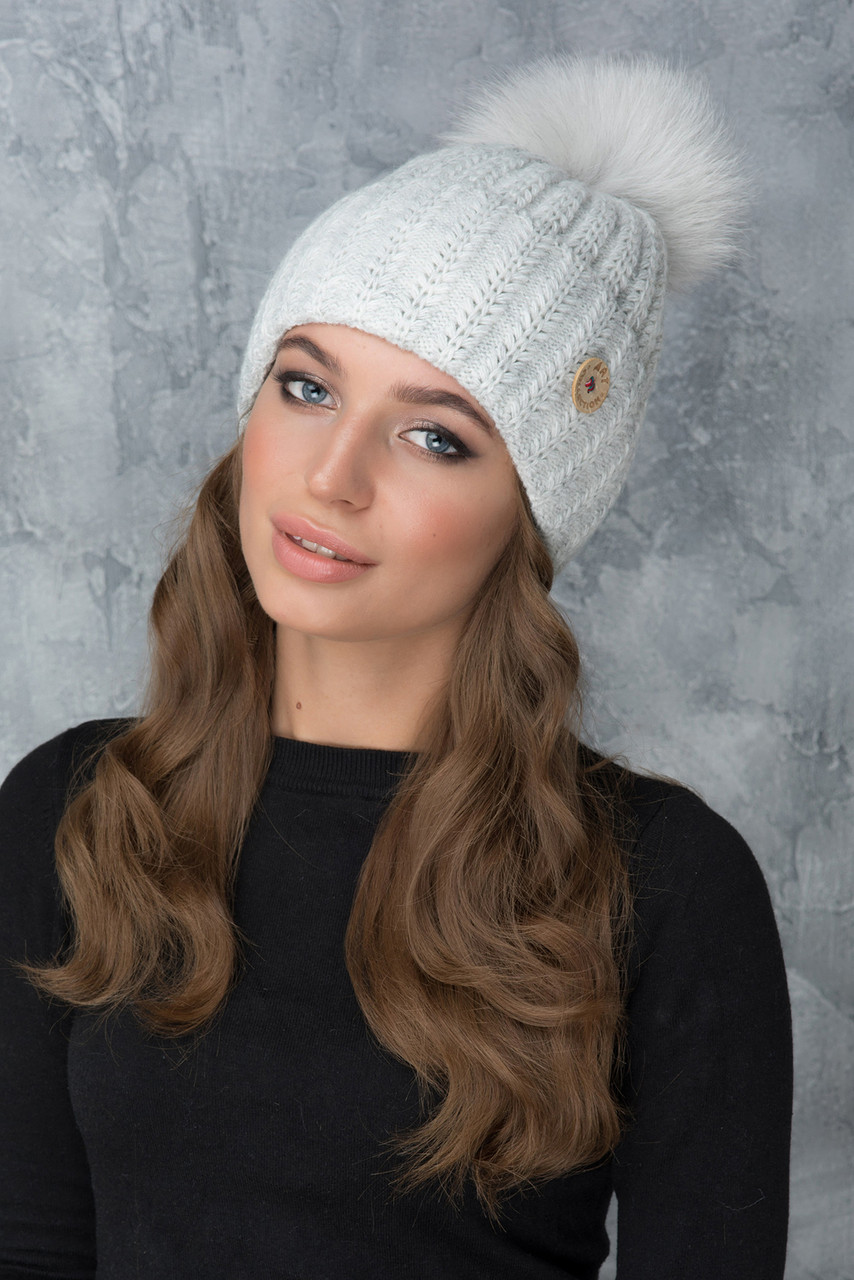 Жіноча Шапка «Муза» з кольоровим помпоном натуральним, фото 1