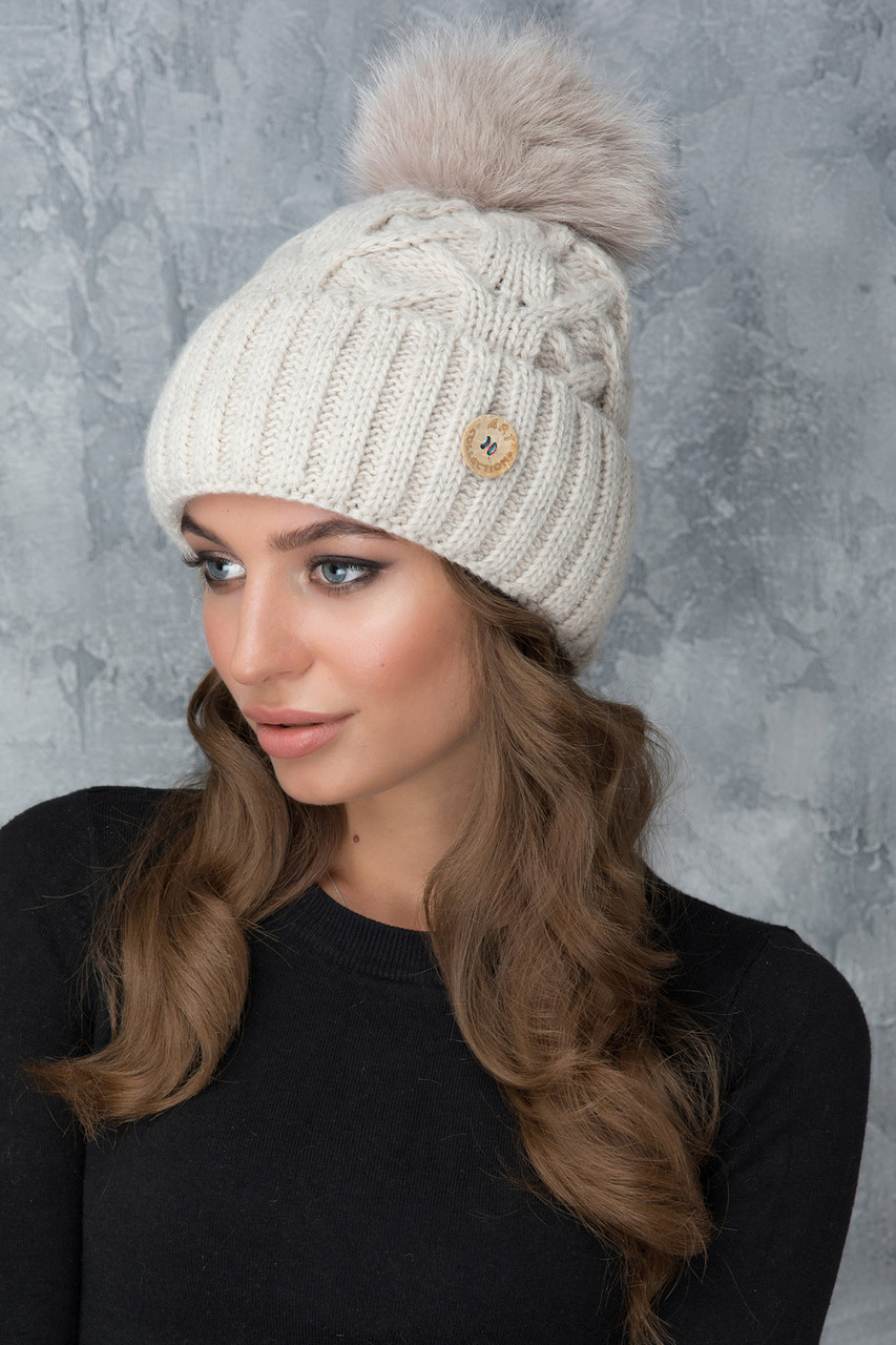 Жіноча Шапка «Рима» з кольоровим помпоном натуральним, фото 1