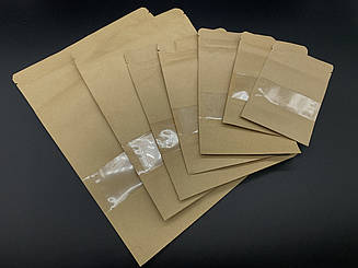 Пакети крафтові паперові дой-пак з прозорим вікном і zip-застібкою. 10х12,5+2,5см