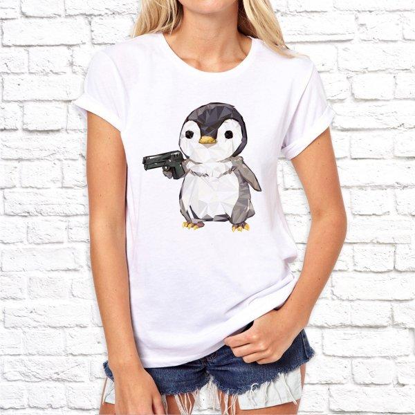 Жіноча футболка з принтом Пінгвін з пістолетом M, Білий Push IT