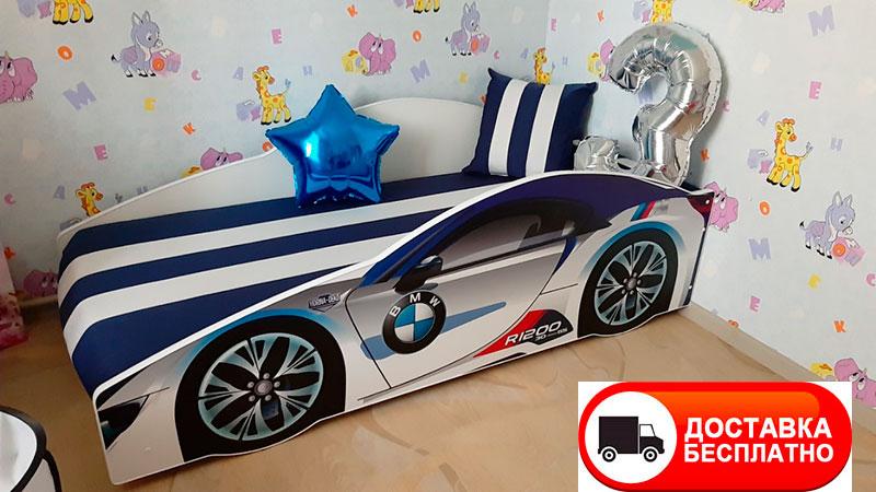 Ліжко машинка серія Еліт модель BMW білий зі спортивним матрацом і подушкою